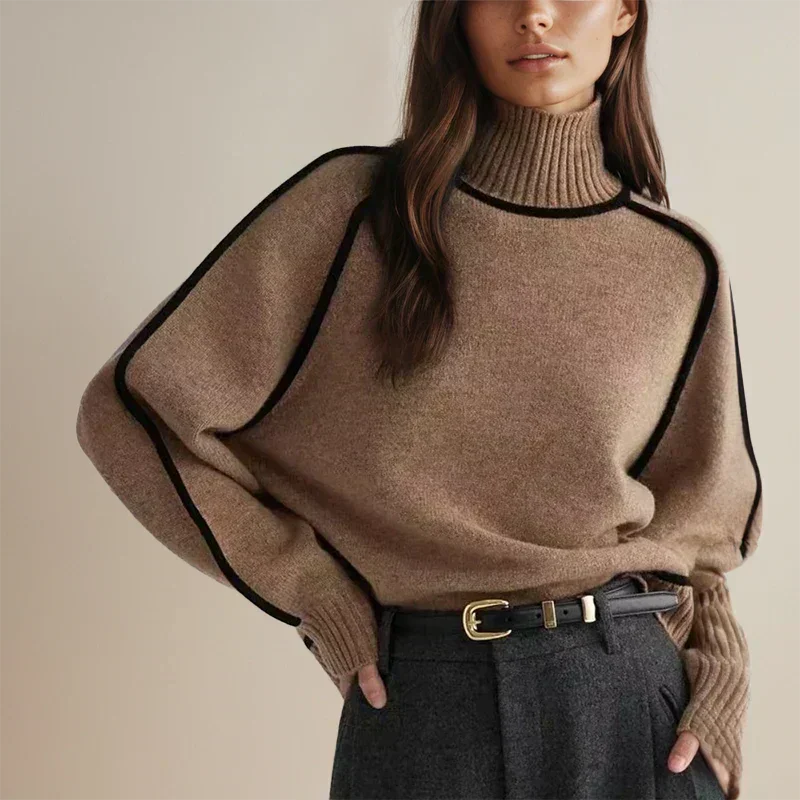Women's contrast-trim turtleneck knit sweater with dropped shoulders