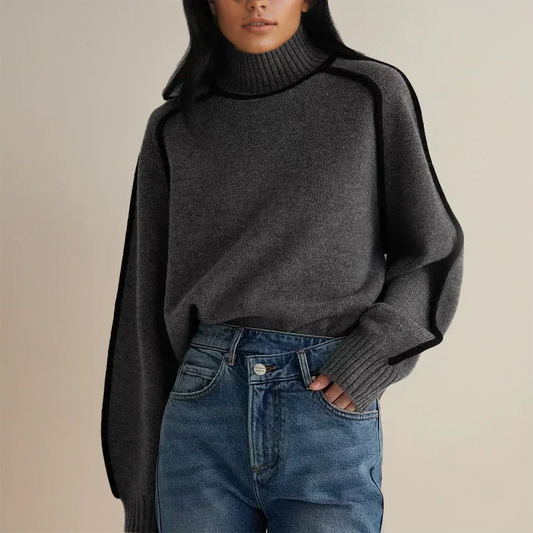 Women's contrast-trim turtleneck knit sweater with dropped shoulders – Grey