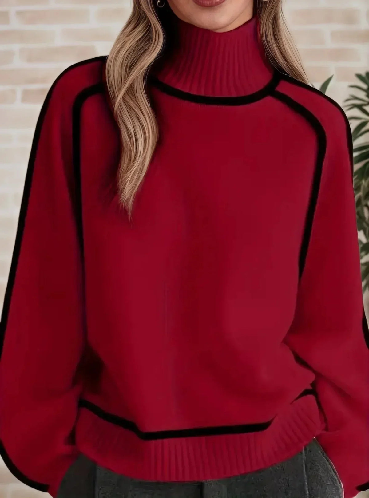 Women's contrast-trim turtleneck knit sweater with dropped shoulders – Red