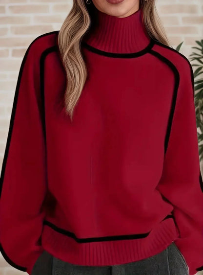 Women's contrast-trim turtleneck knit sweater with dropped shoulders – Red