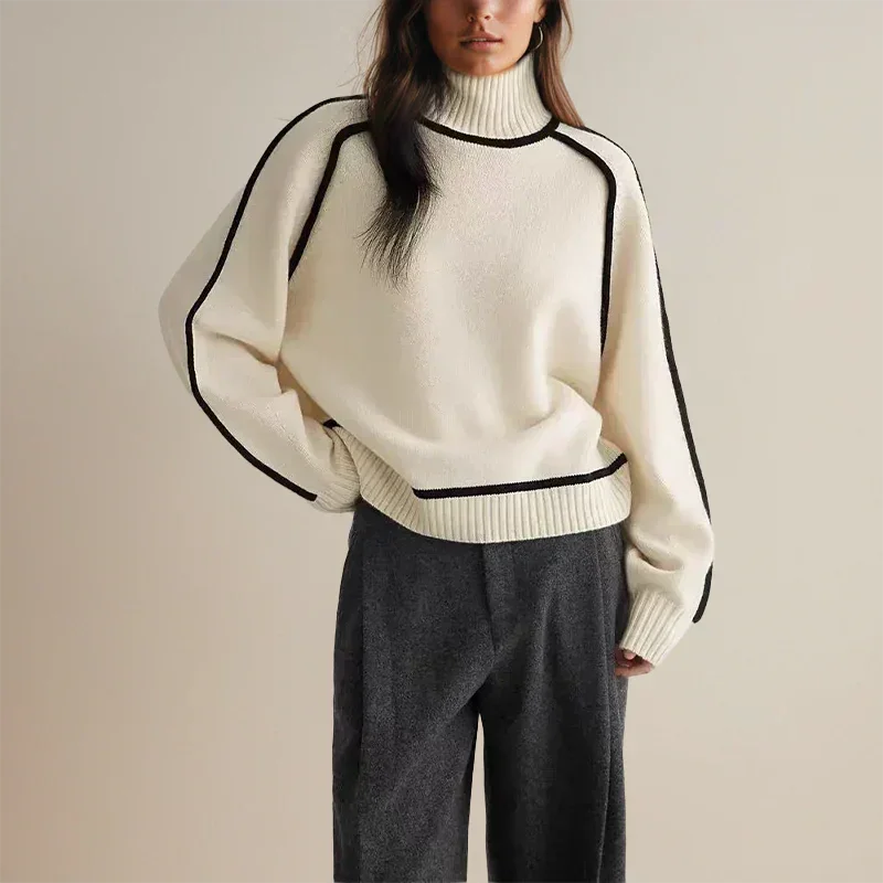 Women's contrast-trim turtleneck knit sweater with dropped shoulders – White