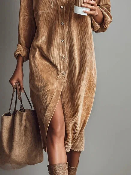 Women's corduroy collared long-sleeve midi dress with high-slit flared hem