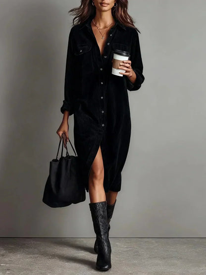 Women's corduroy collared long-sleeve midi dress with high-slit flared hem – Black
