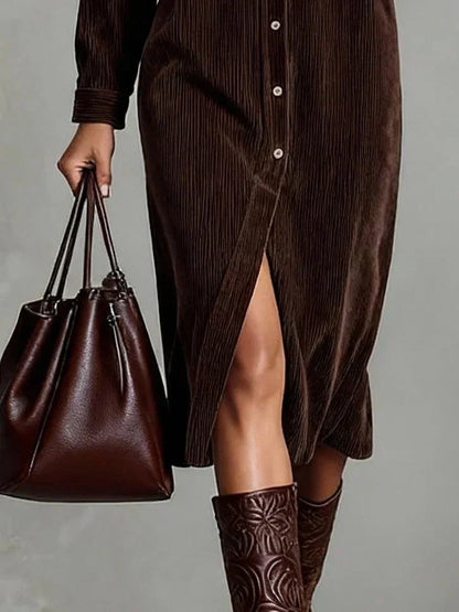 Women's corduroy collared long-sleeve midi dress with high-slit flared hem