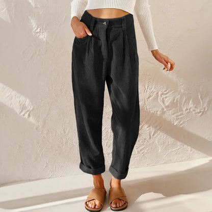 Women's corduroy high-waisted pleated pants with a relaxed tapered fit – Black