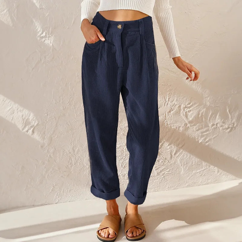 Women's corduroy high-waisted pleated pants with a relaxed tapered fit – Blue