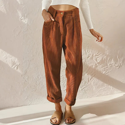 Women's corduroy high-waisted pleated pants with a relaxed tapered fit – Brown