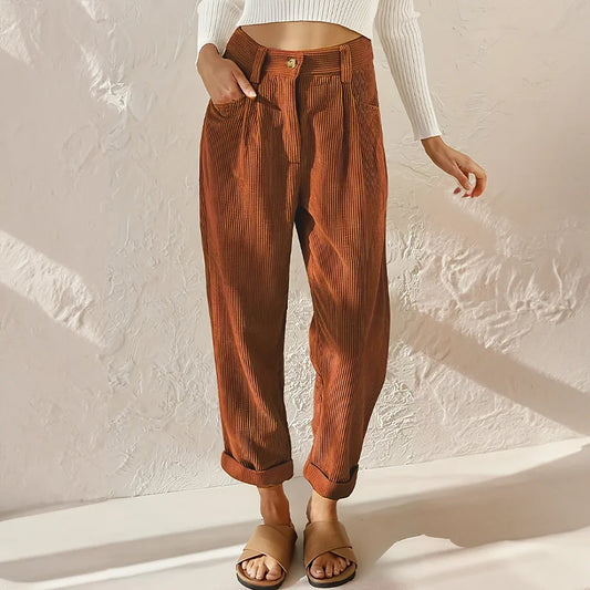 Women's corduroy high-waisted pleated pants with a relaxed tapered fit – Brown