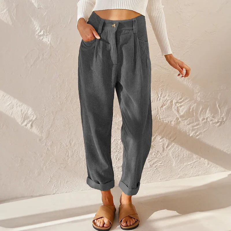 Women's corduroy high-waisted pleated pants with a relaxed tapered fit – Grey