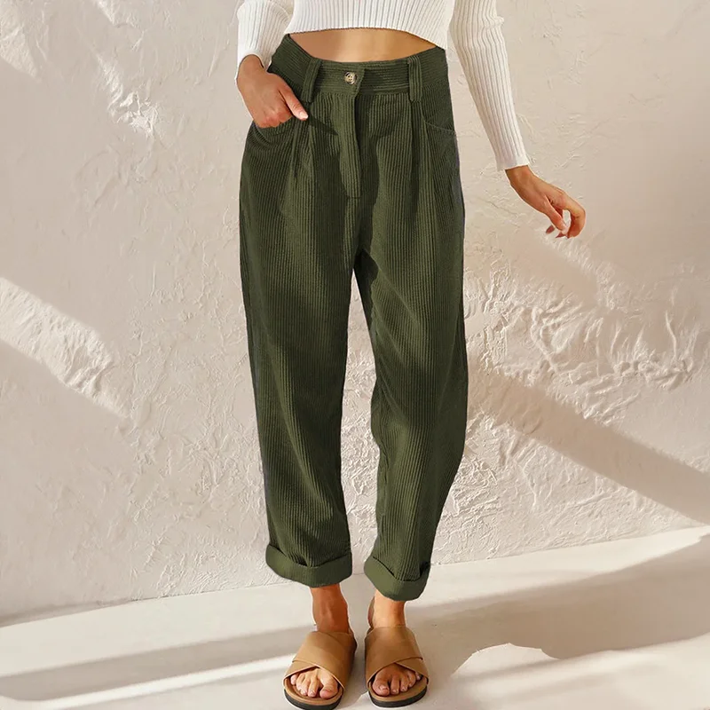 Women's corduroy high-waisted pleated pants with a relaxed tapered fit – Green