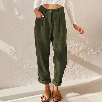 Women's corduroy high-waisted pleated pants with a relaxed tapered fit – Green