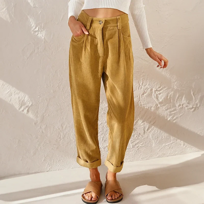 Women's corduroy high-waisted pleated pants with a relaxed tapered fit – Yellow