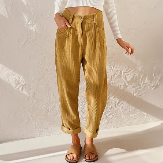 Women's corduroy high-waisted pleated pants with a relaxed tapered fit – Yellow