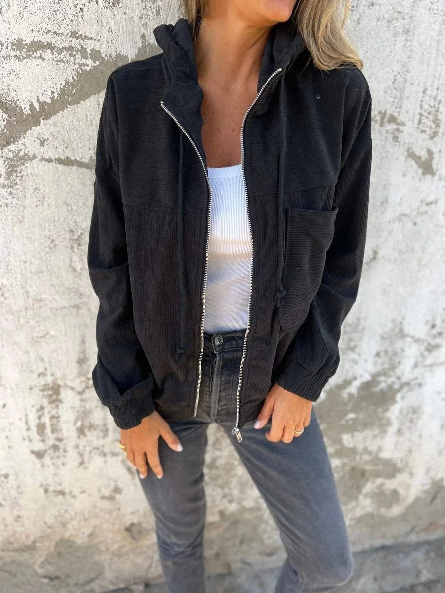 Women's corduroy hooded zip-up quilted jacket oversized fit – Black