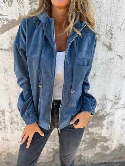 Women's corduroy hooded zip-up quilted jacket oversized fit – Blue