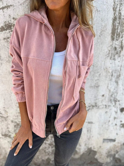 Women's corduroy hooded zip-up quilted jacket oversized fit – Pink