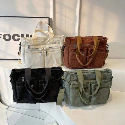 Women's corduroy multi-pocket convertible tote bag