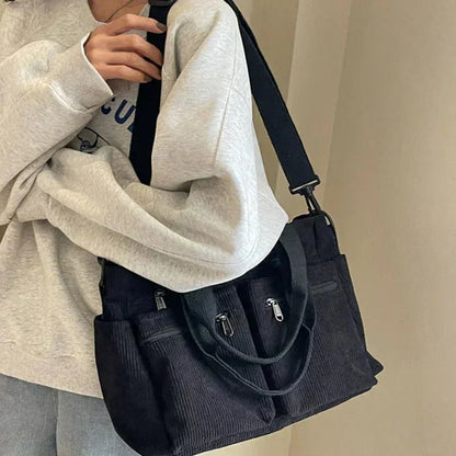 Women's corduroy multi-pocket convertible tote bag