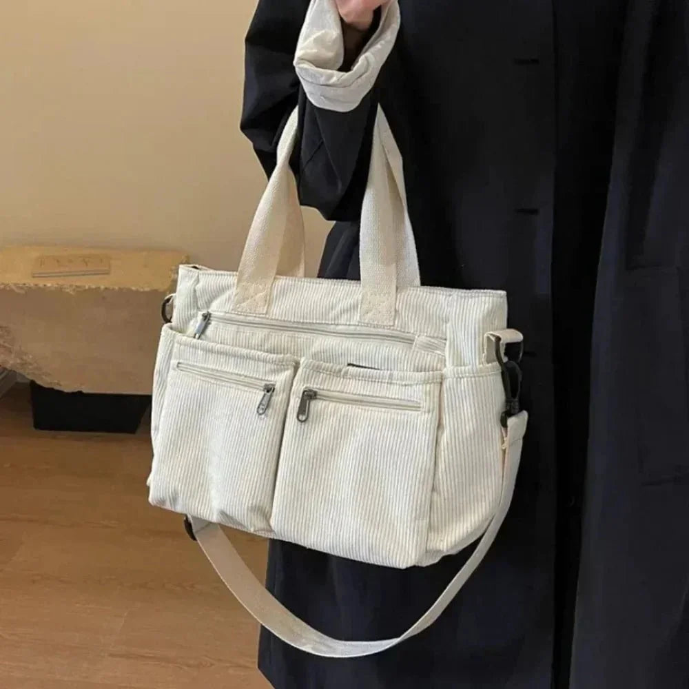 Women's corduroy multi-pocket convertible tote bag