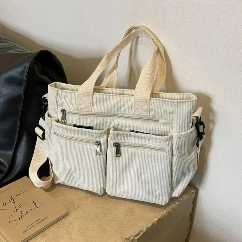 Women's corduroy multi-pocket convertible tote bag – Beige