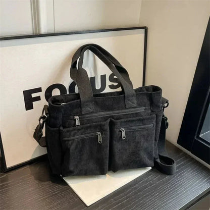 Women's corduroy multi-pocket convertible tote bag – Black