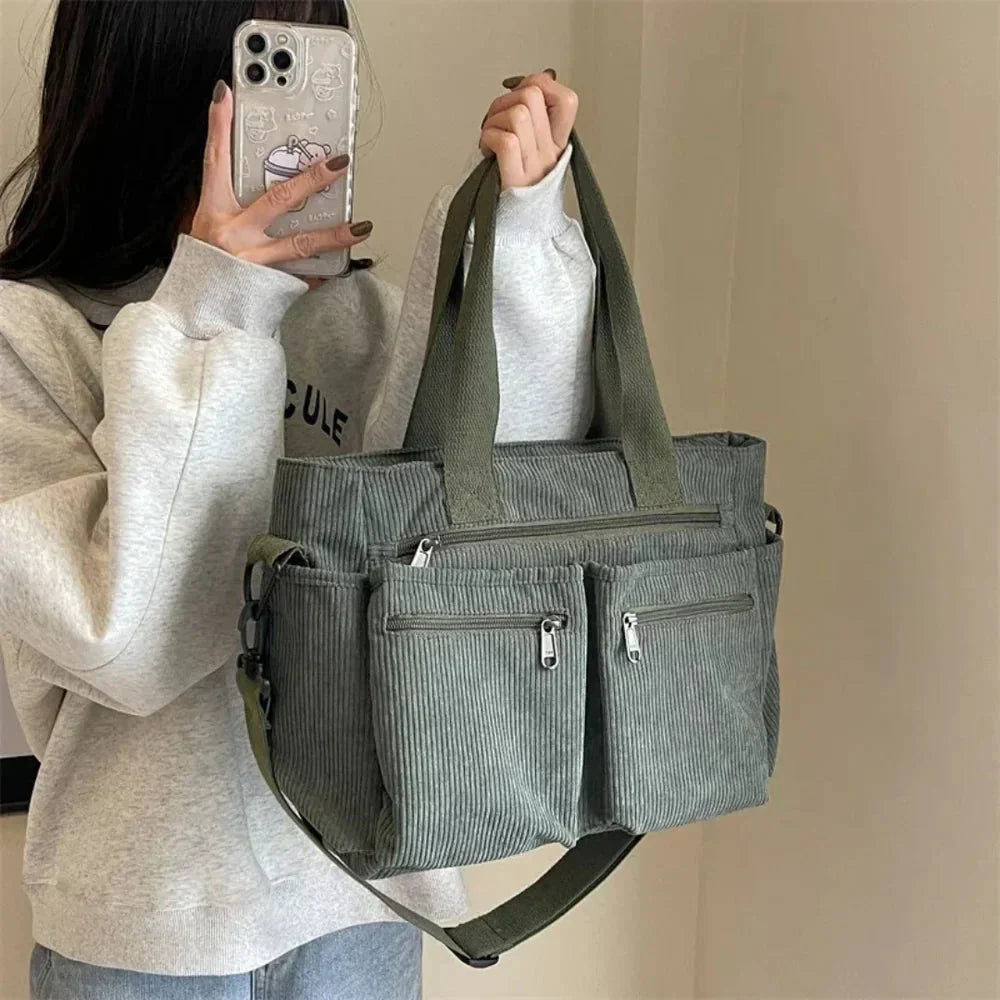 Women's corduroy multi-pocket convertible tote bag