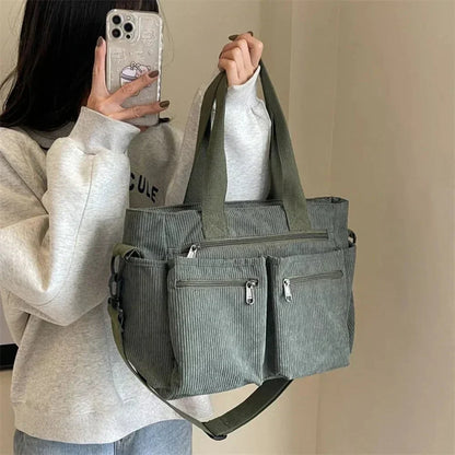 Women's corduroy multi-pocket convertible tote bag