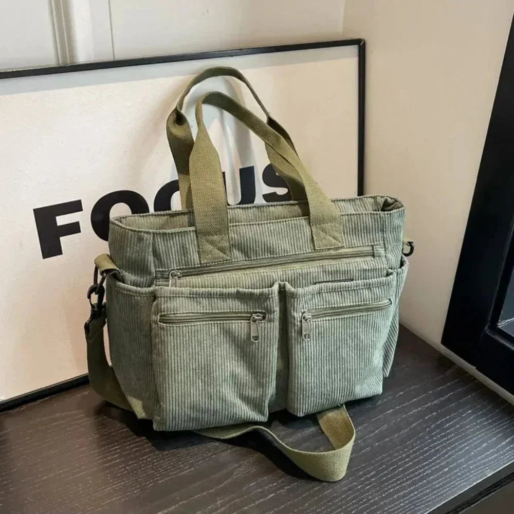 Women's corduroy multi-pocket convertible tote bag – Green