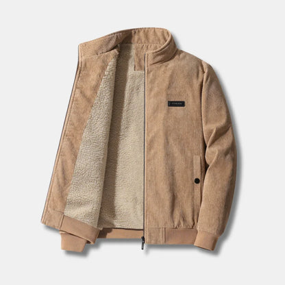 Women's corduroy sherpa-lined bomber jacket with stand-up collar – Beige