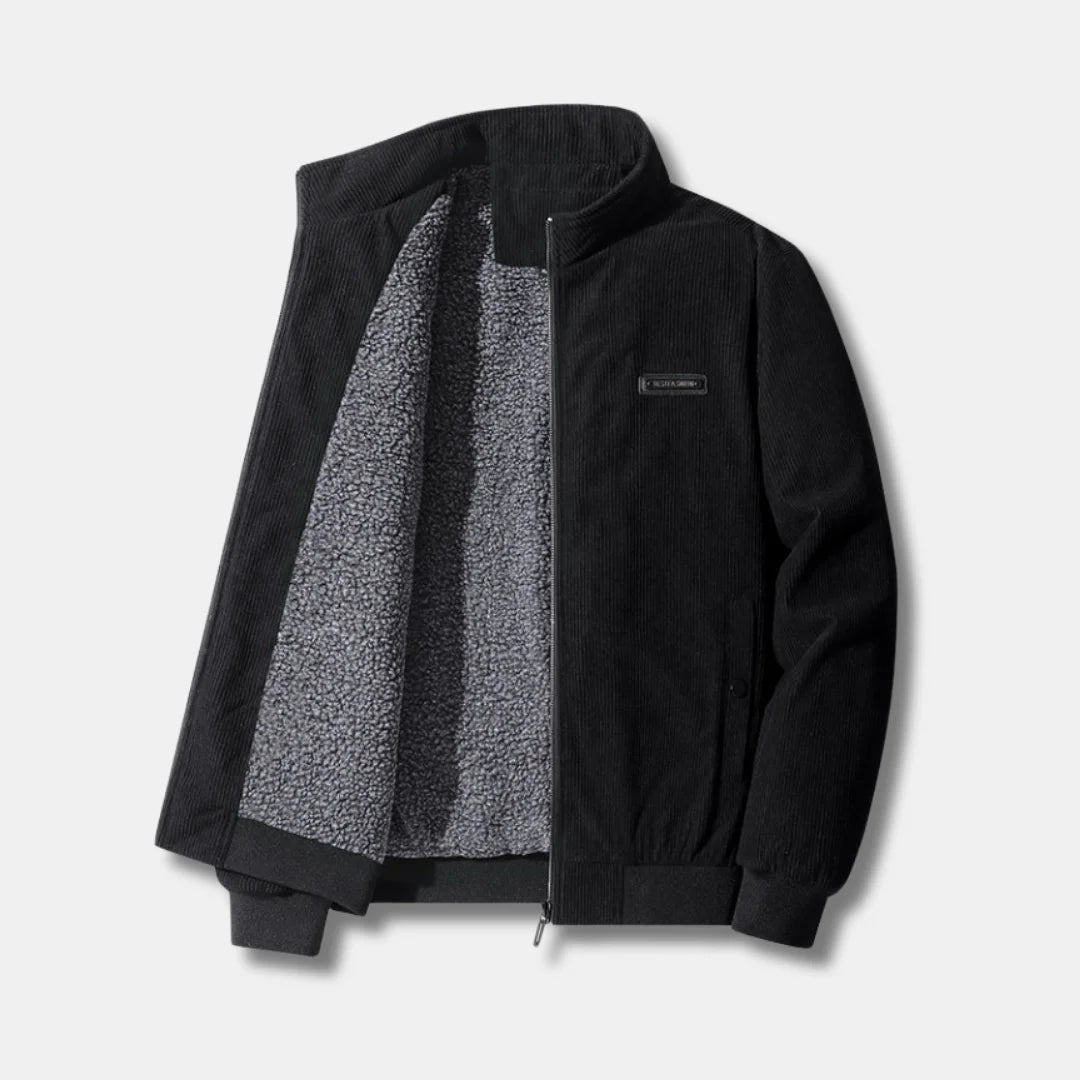 Women's corduroy sherpa-lined bomber jacket with stand-up collar – Black