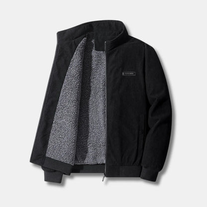 Women's corduroy sherpa-lined bomber jacket with stand-up collar – Black