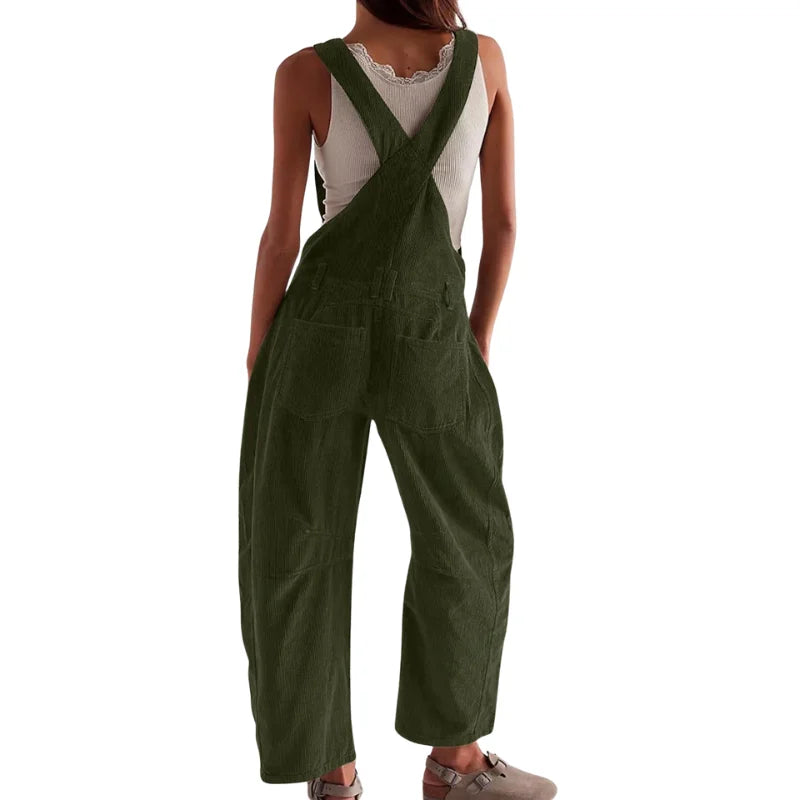 Women's corduroy sleeveless overall with womens wide leg pants and buckle straps