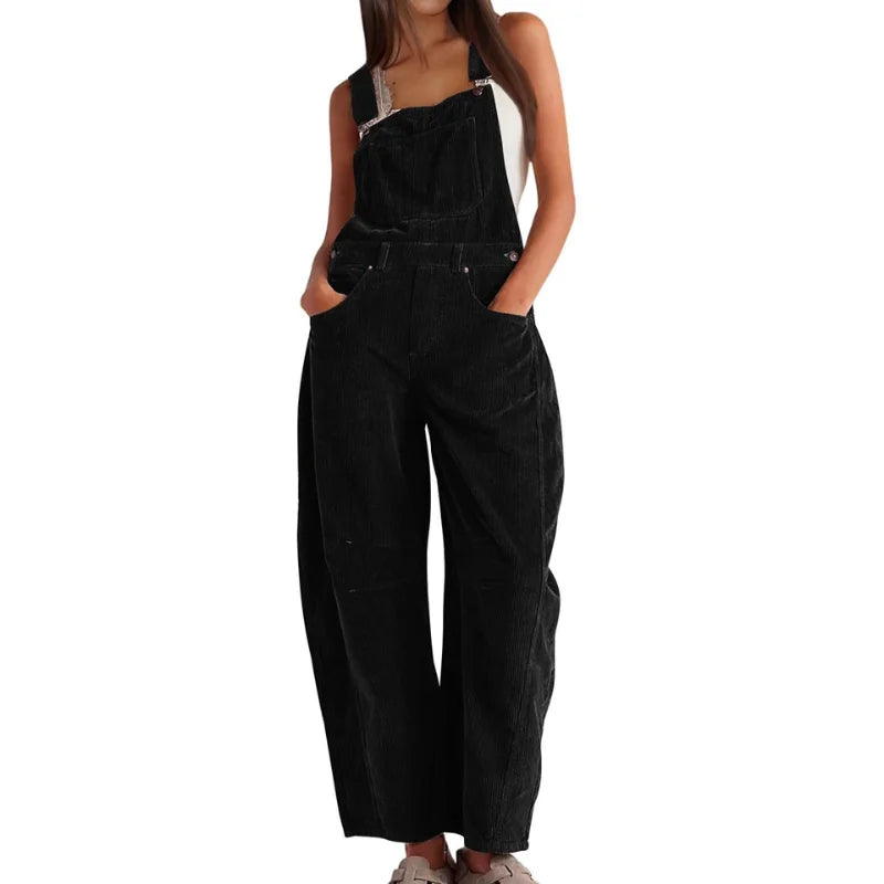 Women's corduroy sleeveless overall with womens wide leg pants and buckle straps – Black