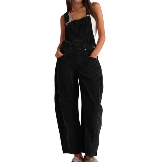 Women's corduroy sleeveless overall with womens wide leg pants and buckle straps – Black