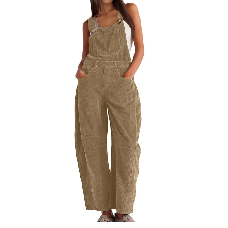 Women's corduroy sleeveless overall with womens wide leg pants and buckle straps – Brown