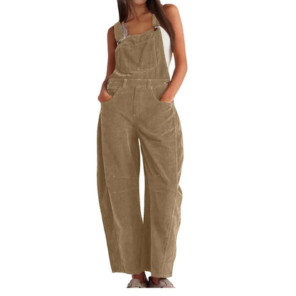 Women's corduroy sleeveless overall with womens wide leg pants and buckle straps – Brown