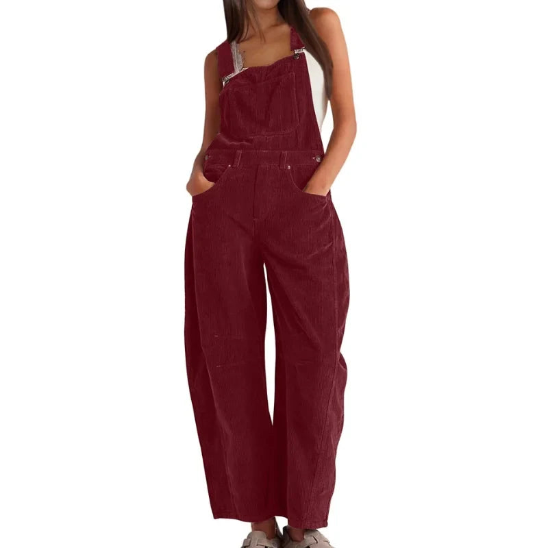 Women's corduroy sleeveless overall with womens wide leg pants and buckle straps – Burgundy