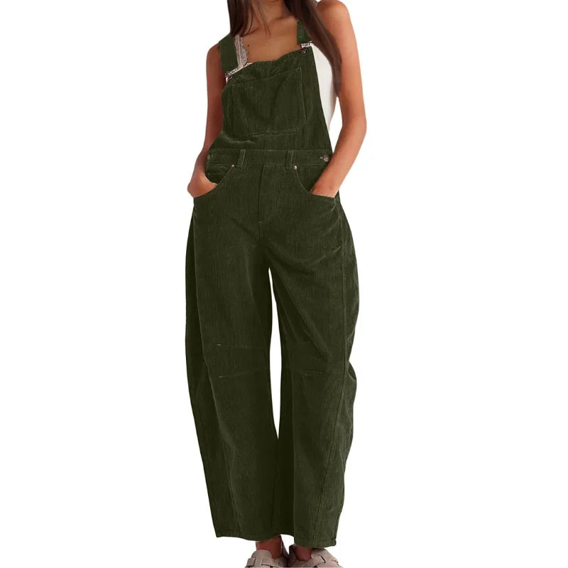 Women's corduroy sleeveless overall with womens wide leg pants and buckle straps – Dark Green