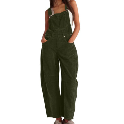 Women's corduroy sleeveless overall with womens wide leg pants and buckle straps – Dark Green