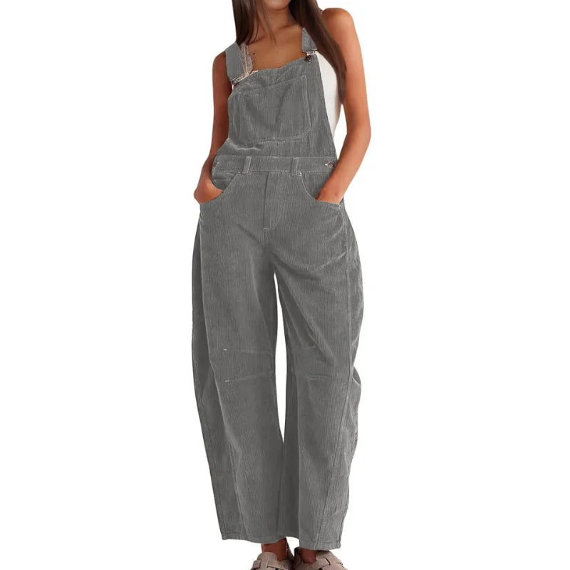 Women's corduroy sleeveless overall with womens wide leg pants and buckle straps – Grey