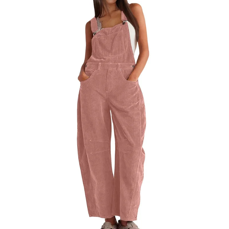 Women's corduroy sleeveless overall with womens wide leg pants and buckle straps – Pink