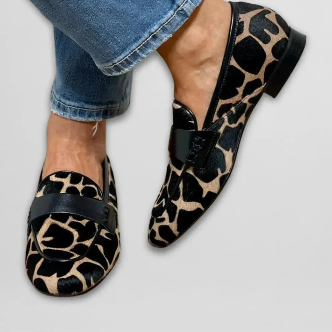 Women's cow print haircalf penny loafers with low block heel – Black