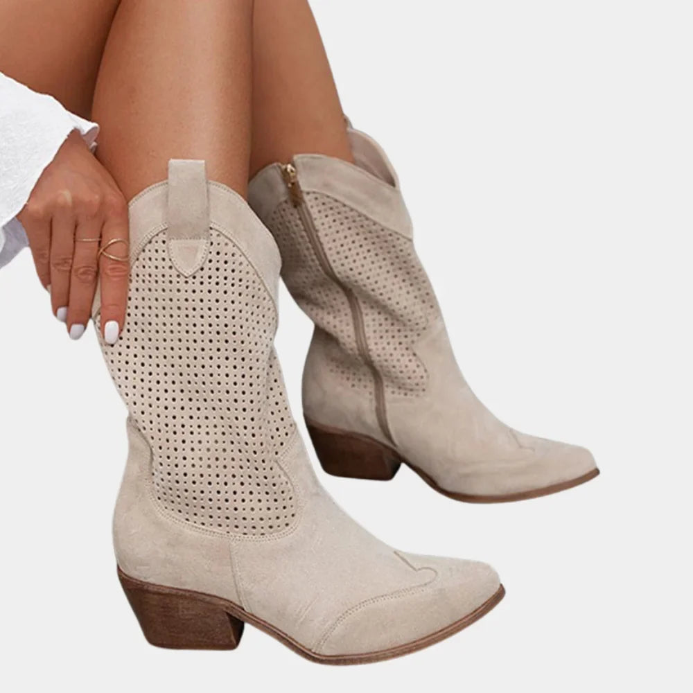 Women's cowboy style perforated mid-calf boots with pointed toe and block heel