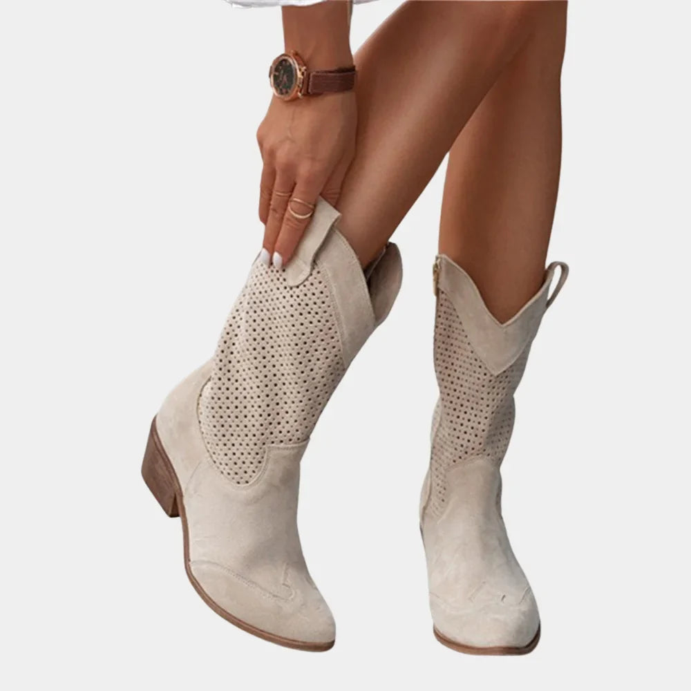 Women's cowboy style perforated mid-calf boots with pointed toe and block heel