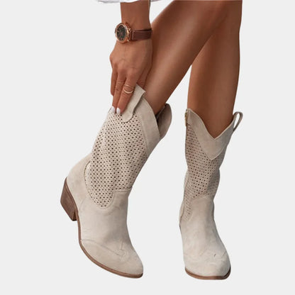 Women's cowboy style perforated mid-calf boots with pointed toe and block heel