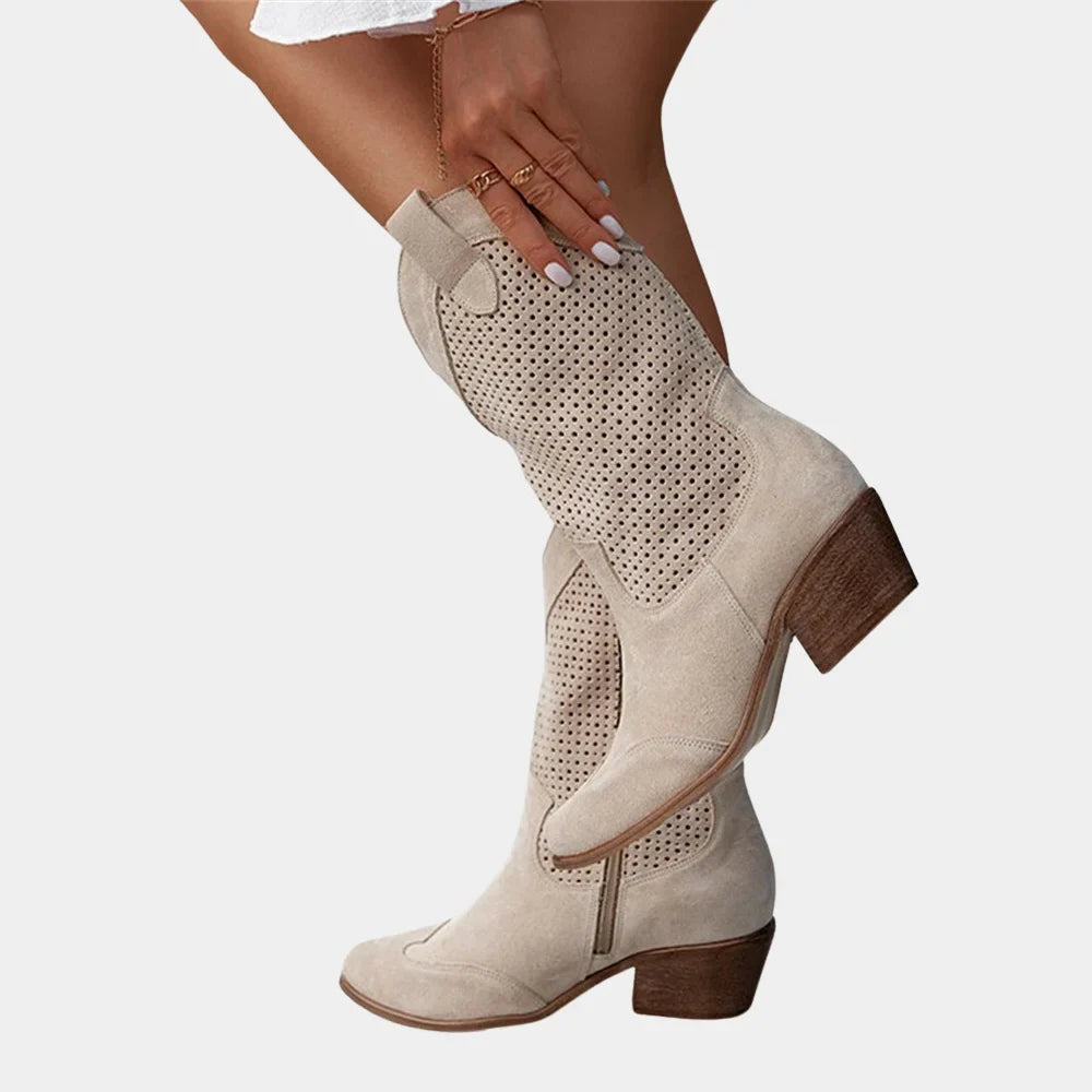 Women's cowboy style perforated mid-calf boots with pointed toe and block heel – Beige