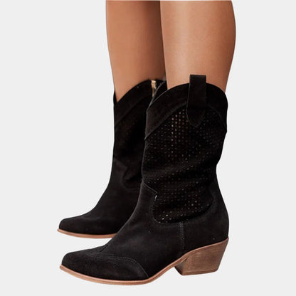 Women's cowboy style perforated mid-calf boots with pointed toe and block heel – Black