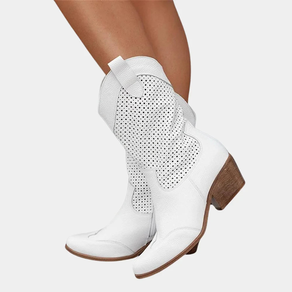 Women's cowboy style perforated mid-calf boots with pointed toe and block heel – White