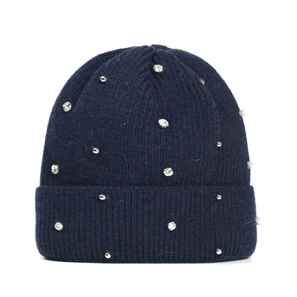Women's cozy knit beanie with fold-over cuff and rhinestone embellishments