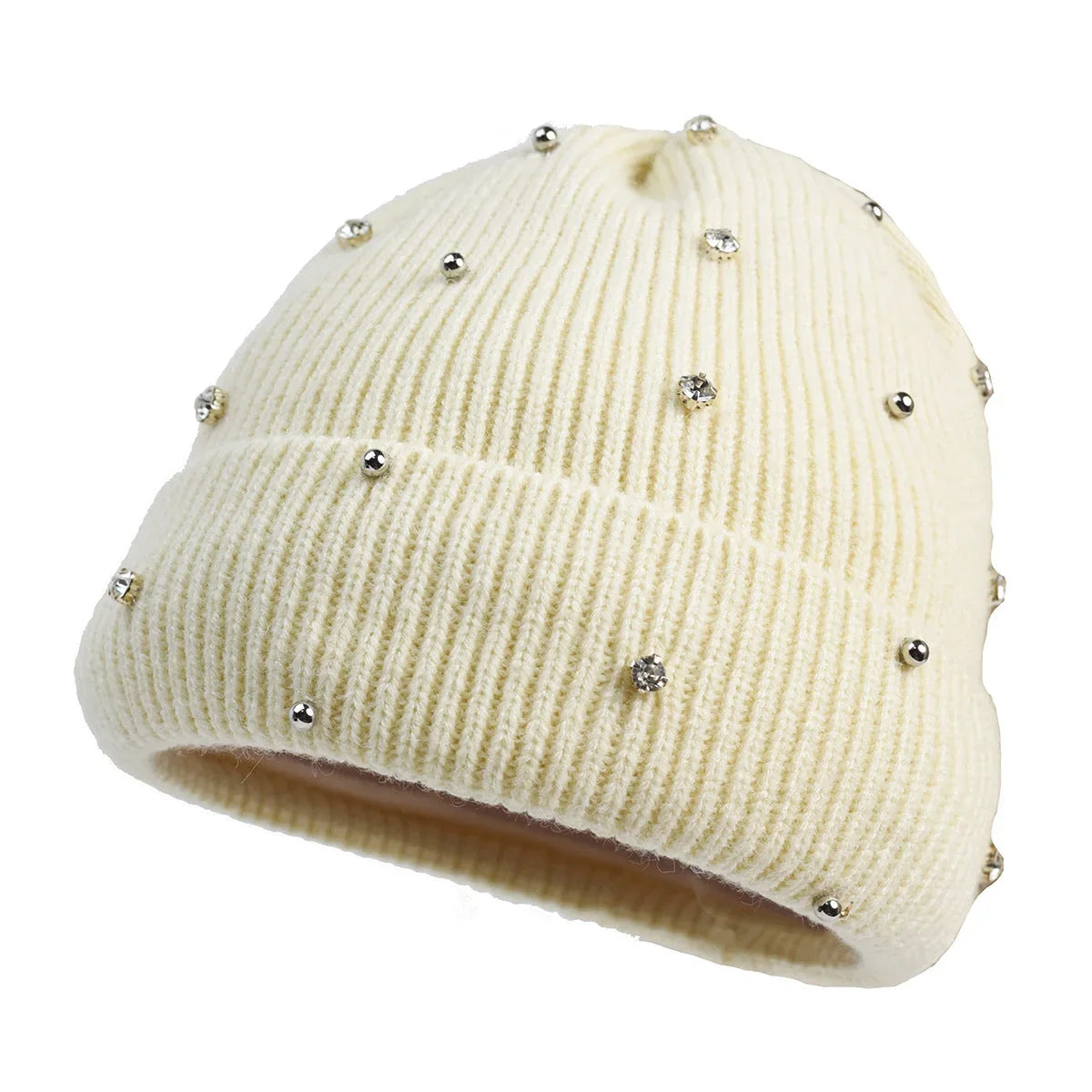 Women's cozy knit beanie with fold-over cuff and rhinestone embellishments – Beige